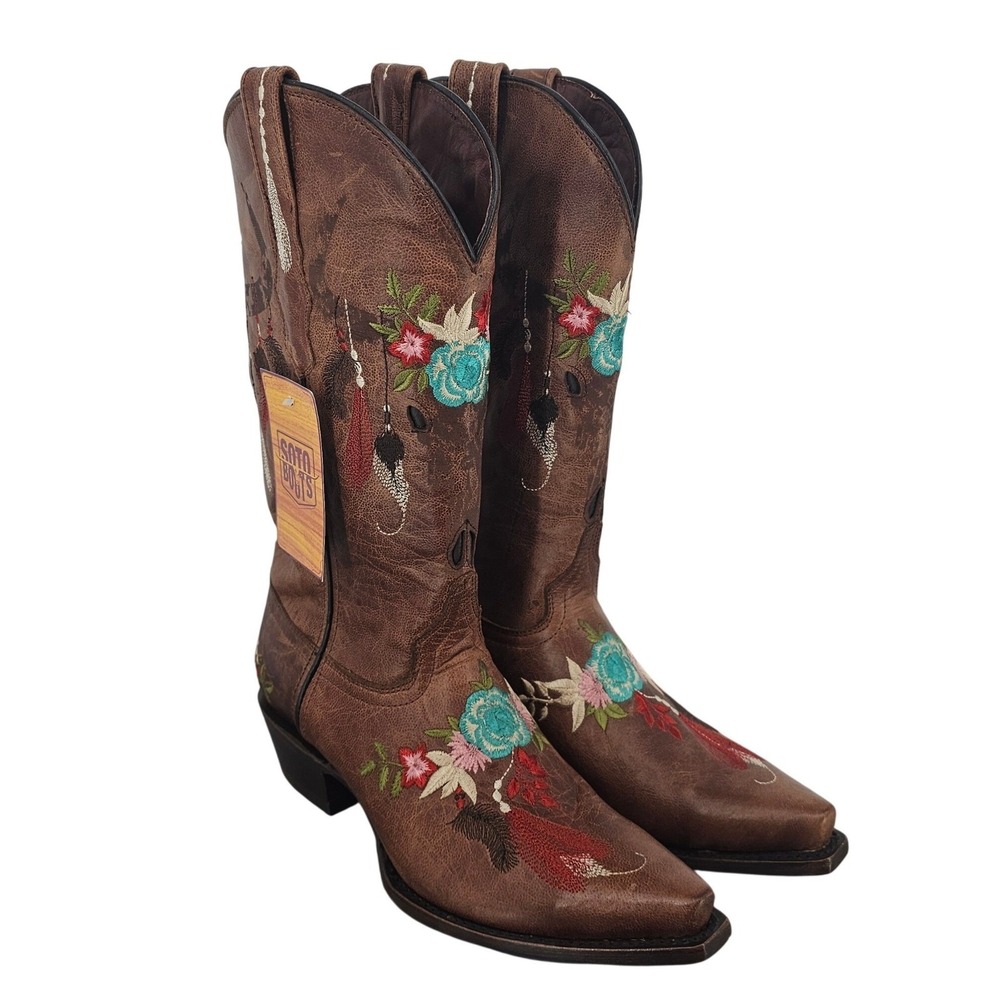 Soto Boots Brown Leather Dreamcatcher Floral Embroidered Snip Toe Western Boots